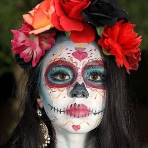 Floral day of the dead Headband with Red coral purple green Black Roses